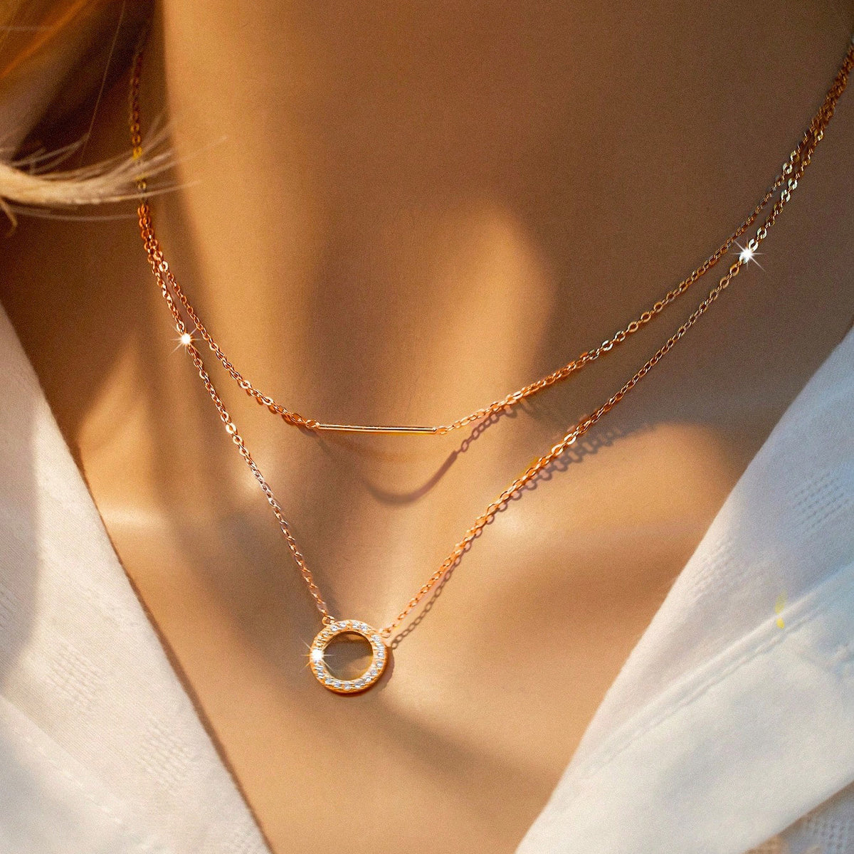 925 Sterling Silver Elegant Double-Layer Necklace with Cubic Zirconia and Long Stick Pendant