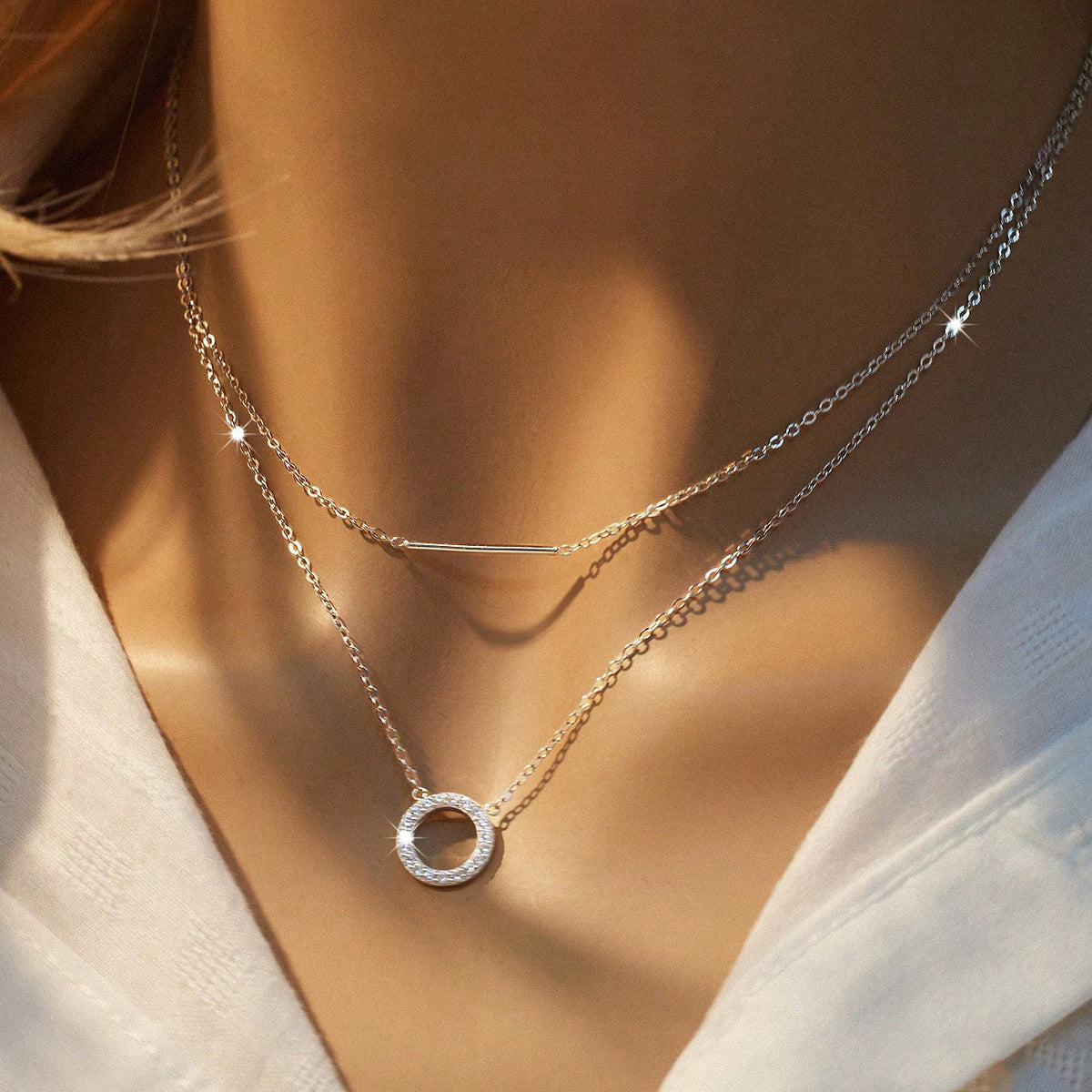 925 Sterling Silver Elegant Double-Layer Necklace with Cubic Zirconia and Long Stick Pendant