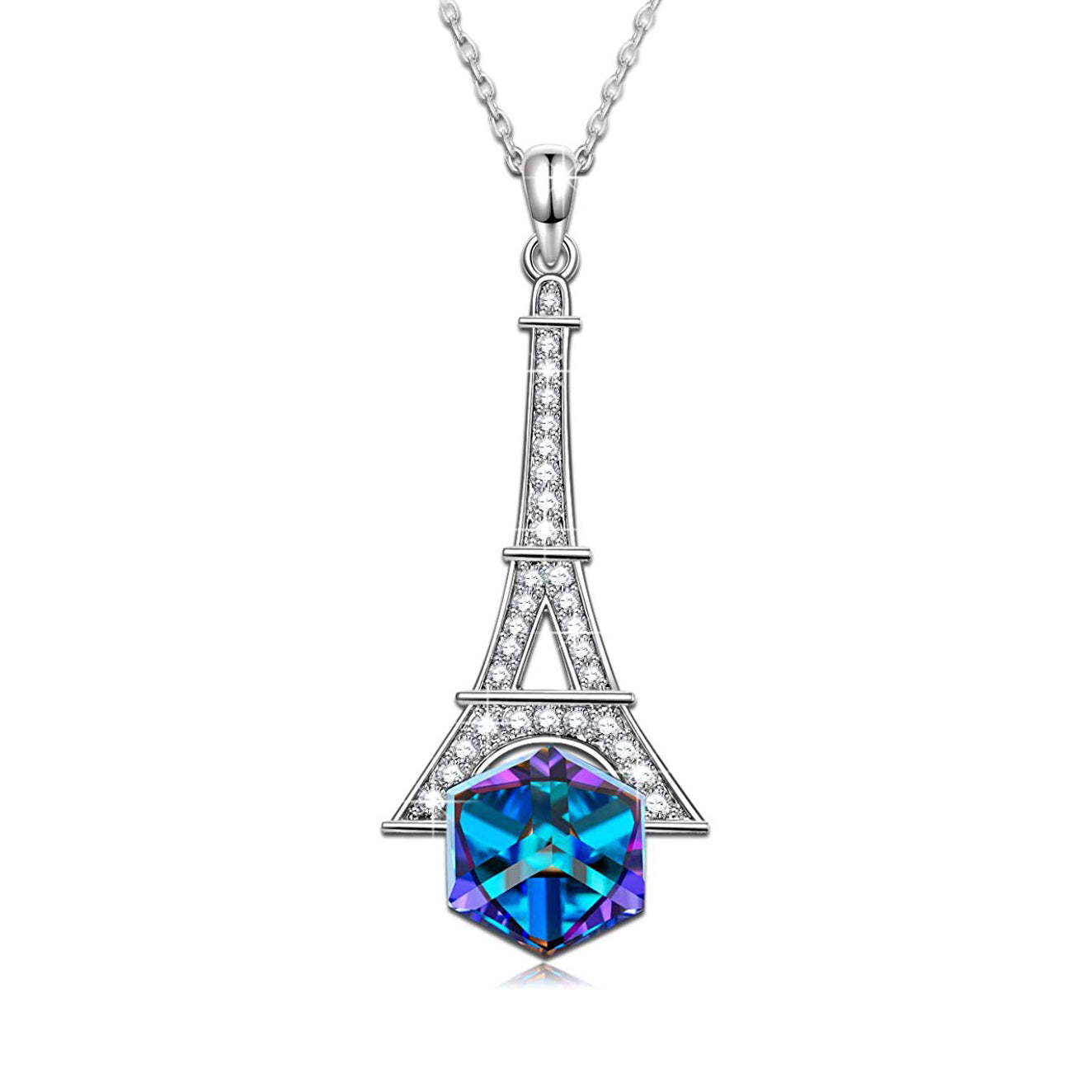 Blue  Elements Eiffel Towel Pav'e Necklace in 14K White Gold Plating