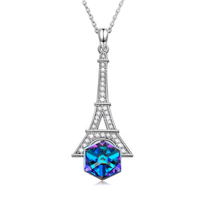 Blue  Elements Eiffel Towel Pav'e Necklace in 14K White Gold Plating